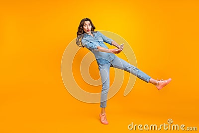 Full length body size photo of crazy stupor stunned amazed horrified girl wearing jeans denim seeing unexpected sales on Stock Photo