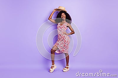 Full length body size photo curious dreamy woman wearing headwear printed dress looking copyspace isolated pastel purple Stock Photo