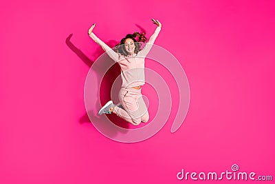 Full length body size photo eyes closed jump high amazing she her lady hands arms help fly arms up like child wearing Stock Photo