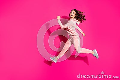 Full length body size photo flight high amazing she her lady hands arms help rush shopping wide steps funny funky Stock Photo