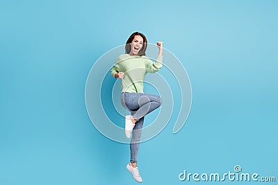 Full length body size photo of funky jumping up girl wearing casual clothes shouting loudly like a winner smiling Stock Photo