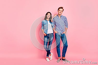 Full length body size photo of standing confident she her he him Stock Photo