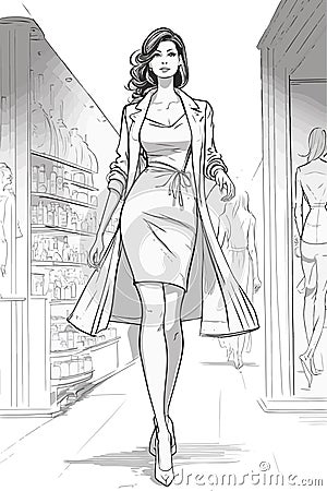 Full length body size portrait of trendy stylish elegant chic lady, Women shopping in boutique store, mall. Cartoon Illustration