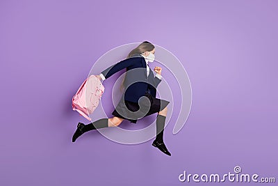 Full length body size profile side view of her she nice small little energetic motivated long-haired girl jumping Stock Photo