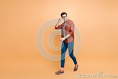 Full length body size profile side view of his he nice attractive trendy calm brunette guy business assistant shark Stock Photo