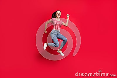 Full length body size trendy photo of crazy winning victorious girl wearing jeans denim crazily running towards shopping Stock Photo