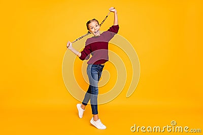 Full length body size view of her she nice attractive lovely girlish crazy comic cheerful cheery pre-teen girl having Stock Photo