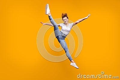 Full length body size view of her she nice attractive sporty perfect slender graceful curvy cheerful girl jumping Stock Photo