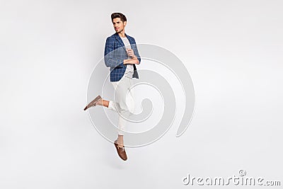 Full length body size view of his he nice attractive luxurious lovely content director wearing checked blazer modern Stock Photo