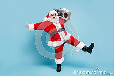 Full length body size view of his he nice cool fat cheerful cheery glad excited overjoyed bearded Santa dancing having Stock Photo