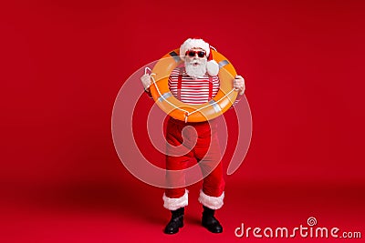 Full length body size view of his he nice handsome cheery funny bearded Santa father instructor wear sea ocean pool safe Stock Photo