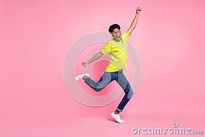 Full length body size view of nice attractive best cheerful guy dancing celebrating over pink pastel color Stock Photo