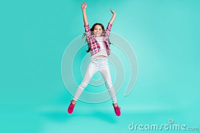 Full length body size view photo cute sweet girl raise hands careless enjoy travel trip funny funky positive content Stock Photo