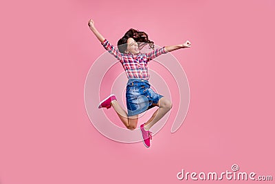 Full length body size view photo delighted funny lady people young person raise hands fists scream yeah achievement Stock Photo