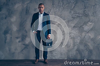 Full length body size view photo famous gentleman chairman wealthy rich manager diplomat short hair bald put palm pocket Stock Photo