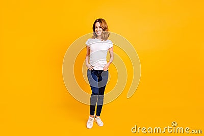 Full length body size view photo nice charming youth millennial put hand palms pocket jeans feel glad peaceful calm free Stock Photo