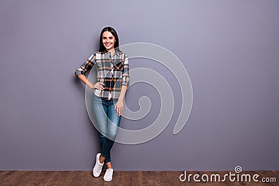 Full length body size view photo youth glad education learning long haircut hairdo wear checkered clothing jeans Stock Photo