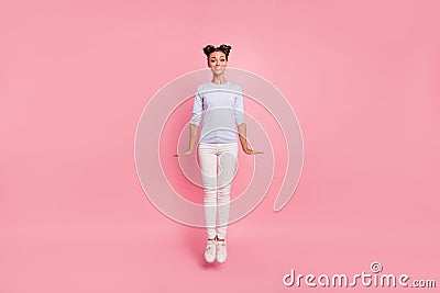 Full length body size view portrait of her she nice cute lovely attractive winsome pretty cheerful cheery girl jumping Stock Photo