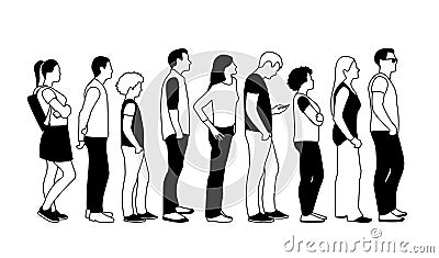 Full length of cartoon people standing in line outline Vector Illustration