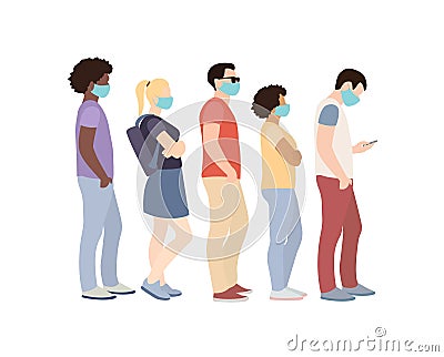 Full length of cartoon sick people in medical masks standing in line against white background Vector Illustration