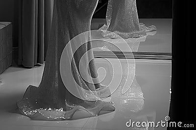 Full-length chiffon mermaid dress or prom ball gown decorated with sequins. Model in front of mirror in a fitting room Stock Photo