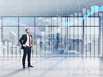 Full-length confident person in formal suit. A modern panoramic office with New York city view and forex chart. Stock Photo