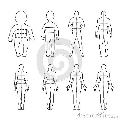 Full length front, back human outlined silhouette set Vector Illustration