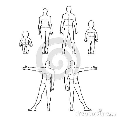 Full length front, back outlined human silhouette set Vector Illustration