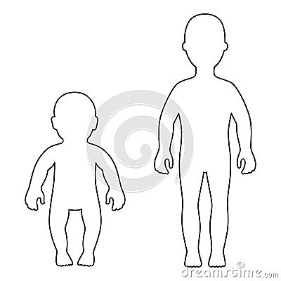 Full length front outlined silhouette child, baby set Vector Illustration