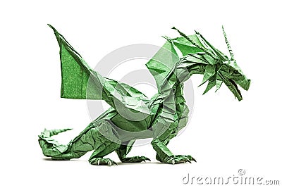 Full-length green paper dragon isolated on white background. A green dragon, a mythical creature, made of paper. Symbol Stock Photo