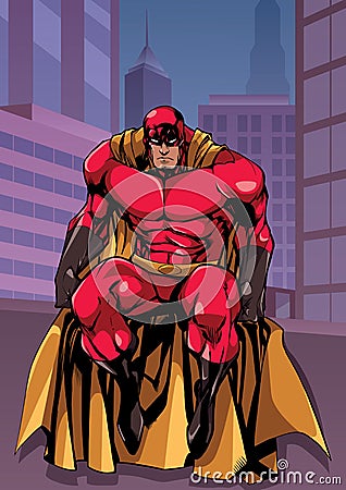 Superhero Sitting in City Vector Illustration
