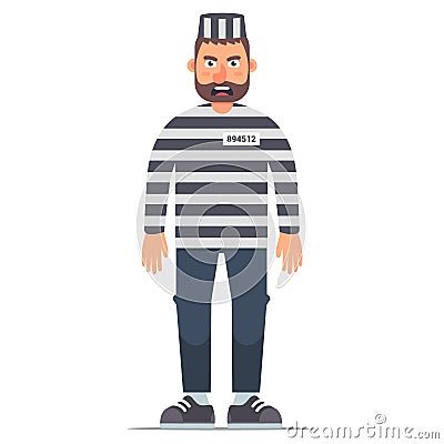 Full-length isolated prisoner in striped clothing on a white background. Vector Illustration
