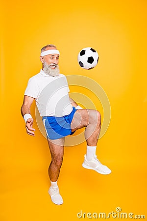 Full length of modern cool funny competetive pensioner, leader, Stock Photo