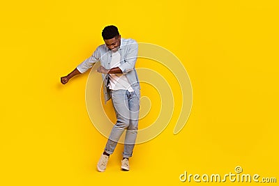 Full length photo of active dynamic guy dance on rock concert disco isolated vibrant color background Stock Photo