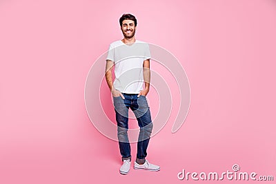 Full length photo of charming positive macho man arabian person have spring vacation walk with his girlfriend wear trend Stock Photo