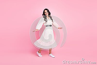 Full length photo of charming stunning young lady wear long white dress feminine isolated on pink color background Stock Photo