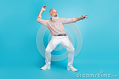 Full length photo of handsome aged man happy positive smile dancer club disco isolated over blue color background Stock Photo