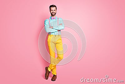 Full length photo of handsome guy trend clothes red carpet celebrity arms crossed photographing posing wear shirt Stock Photo