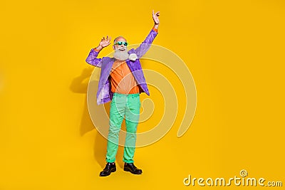 Full length photo of nice granddad hipster dance retro vintage jazz party dressed stylish colorful look isolated on Stock Photo