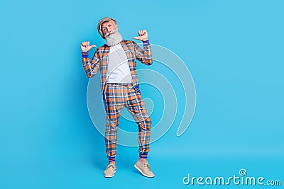 Full length photo of nice handsome pensioner indicating himself demonstrating cool outfit empty space isolated on blue Stock Photo