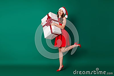 Full length photo stunning pretty cute sweet girl in santa claus headwear hold big gift box prepare x-mas jolly holly Stock Photo