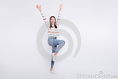 Full length photo of wild lady yelling hooray at student party wear striped pullover isolated white background Stock Photo