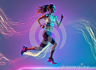 full length portrait of active young caucasian running jogging man on in neon. Generative AI Stock Photo