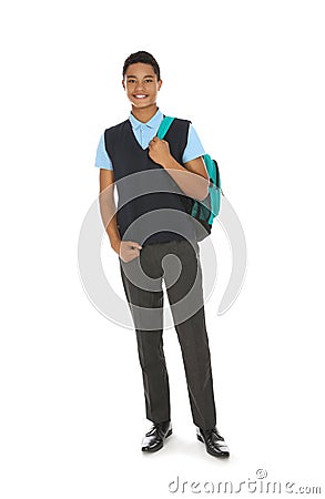 Full length portrait of African-American boy in school uniform with backpack on white Stock Photo