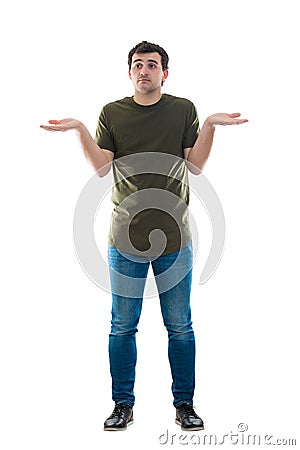 Casual male shrugs helpless gesture Stock Photo