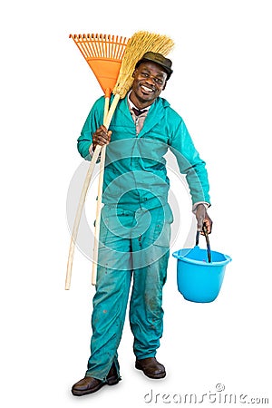 Full length portrait of happy african garden worker. Stock Photo