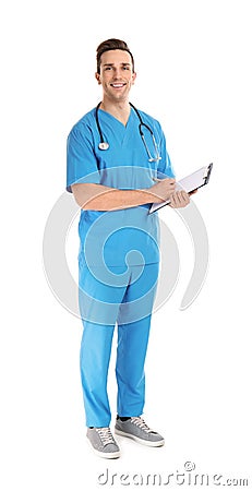 Full length portrait of medical assistant with stethoscope and clipboard on white Stock Photo