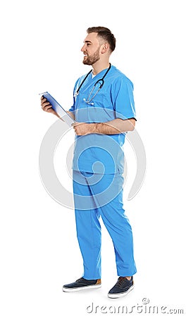 Full length portrait of medical doctor with clipboard and stethoscope isolated Stock Photo