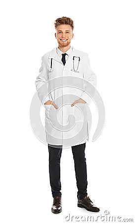 Full length portrait of medical doctor with stethoscope isolated on Stock Photo