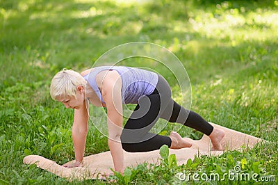Full-length portrait of a middle-aged woman doing yoga or pilates on a mat in a park in plank pose with knee to hand. Stock Photo